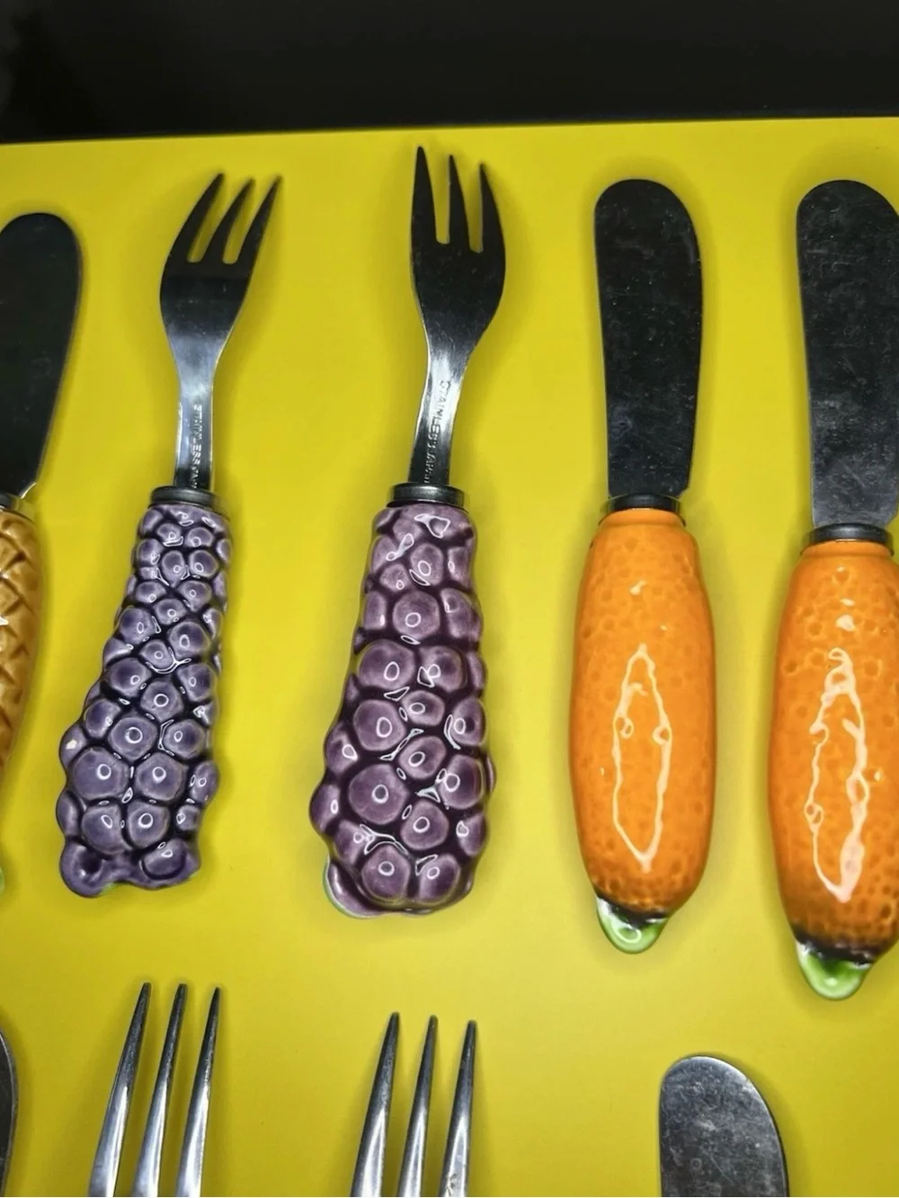 Vintage Japan Fruit Handle Flatware Set Ceramic Knives Forks Stainless Steel